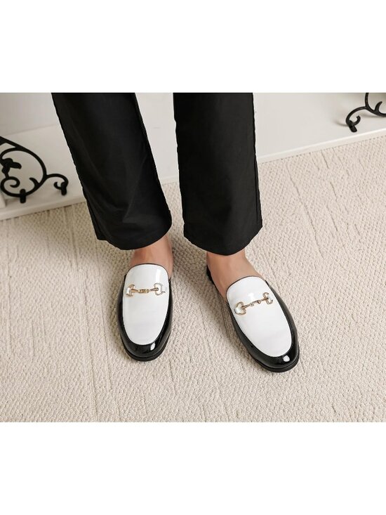Men\'s White Rubber Velvet Patent Leather Gold Buckle Slip On Loafer Slippers